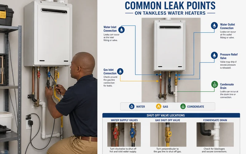 Tankless leak points and shut-off valve diagram