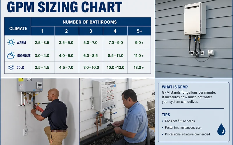 GPM sizing chart by bathroom count and climate