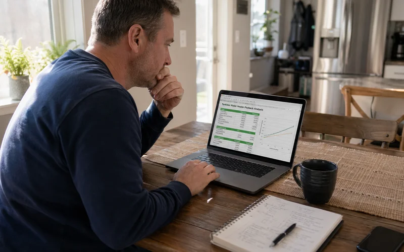 Homeowner reviewing tankless ROI