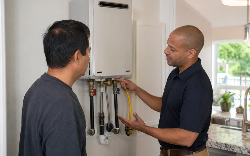 Plumber explaining tankless components