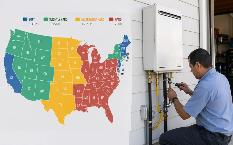 US hard water severity map for 15 served states