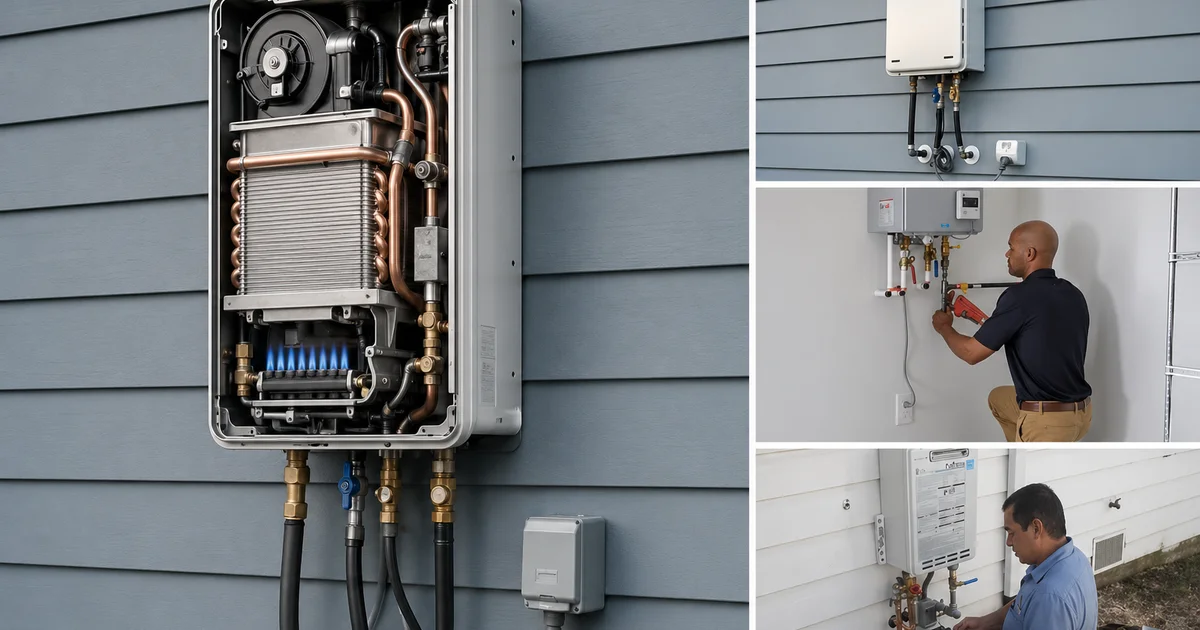 Cutaway illustration of tankless water heater internals