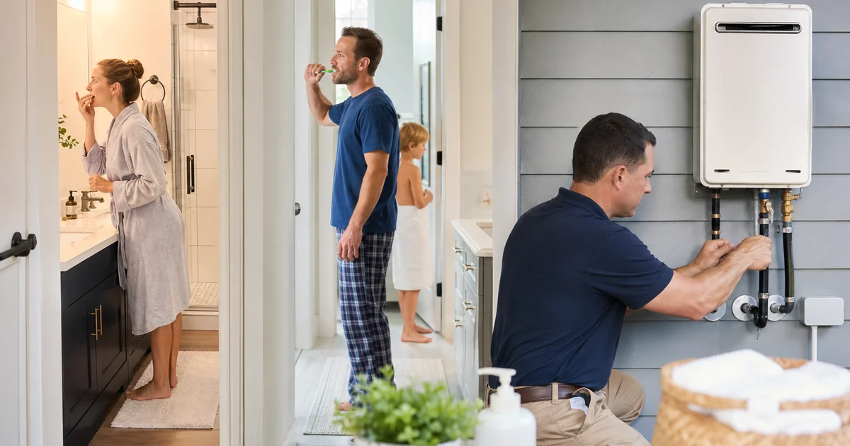 Family home morning routine with simultaneous hot water use