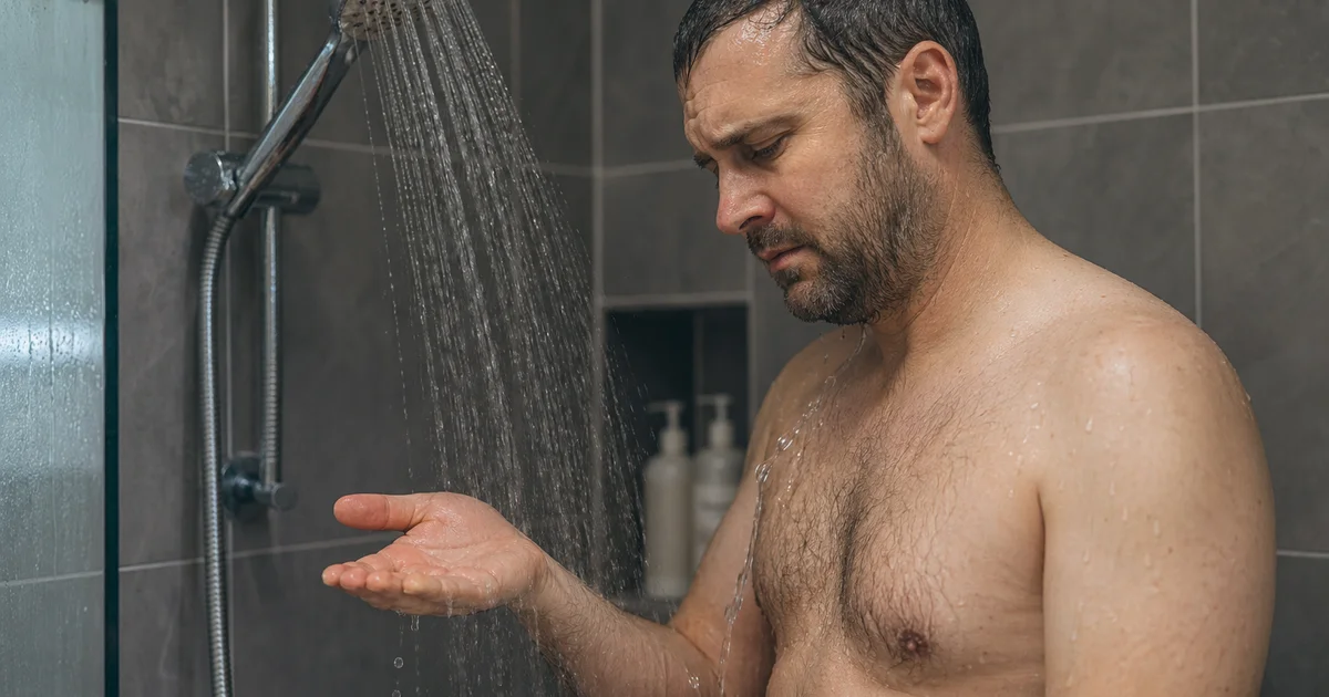 Hand testing water temperature under shower