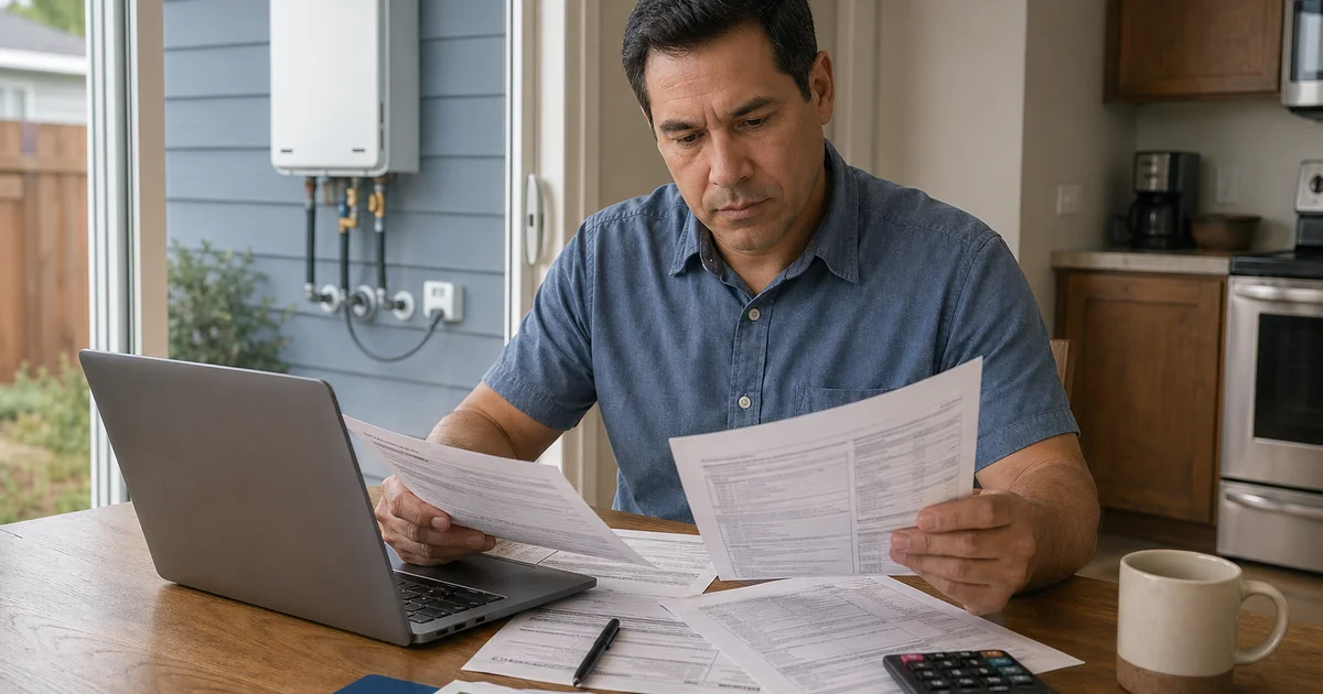 Homeowner reviewing tax forms and rebate paperwork