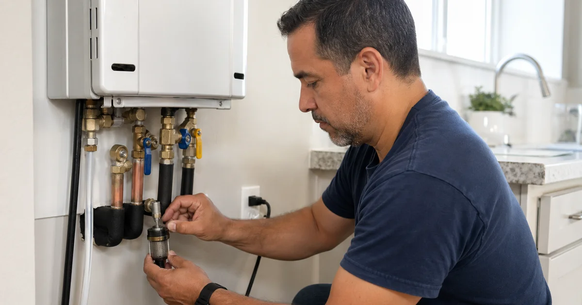 Homeowner replacing tankless inlet filter