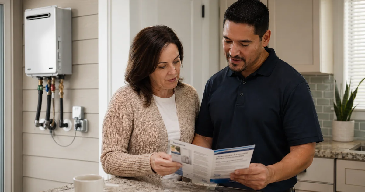Homeowner reviewing tankless maintenance plan brochure