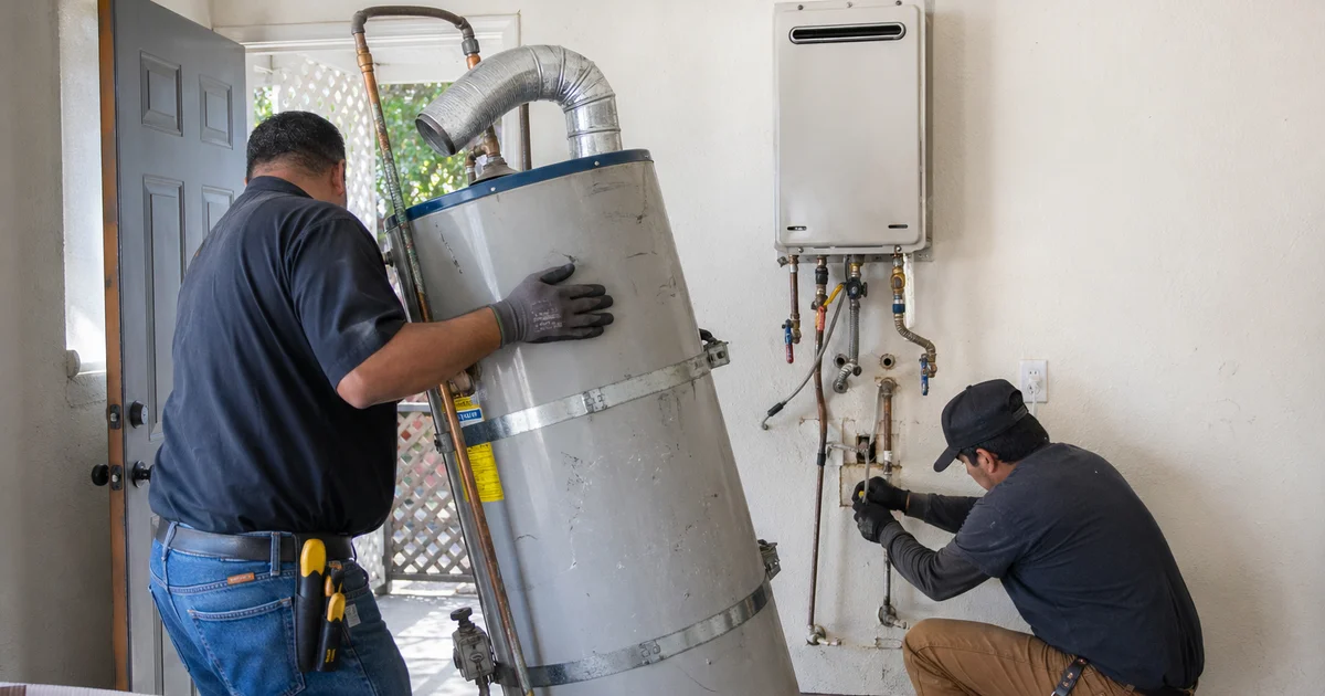 Tank-to-tankless conversion in progress