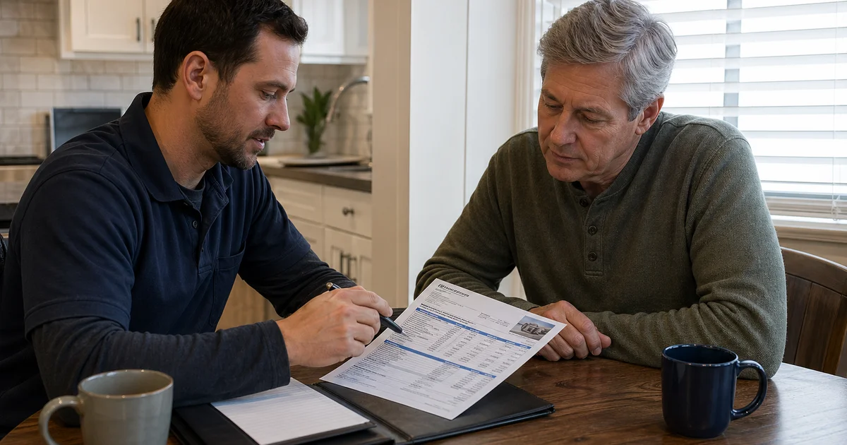 Plumber and homeowner reviewing itemized install quote