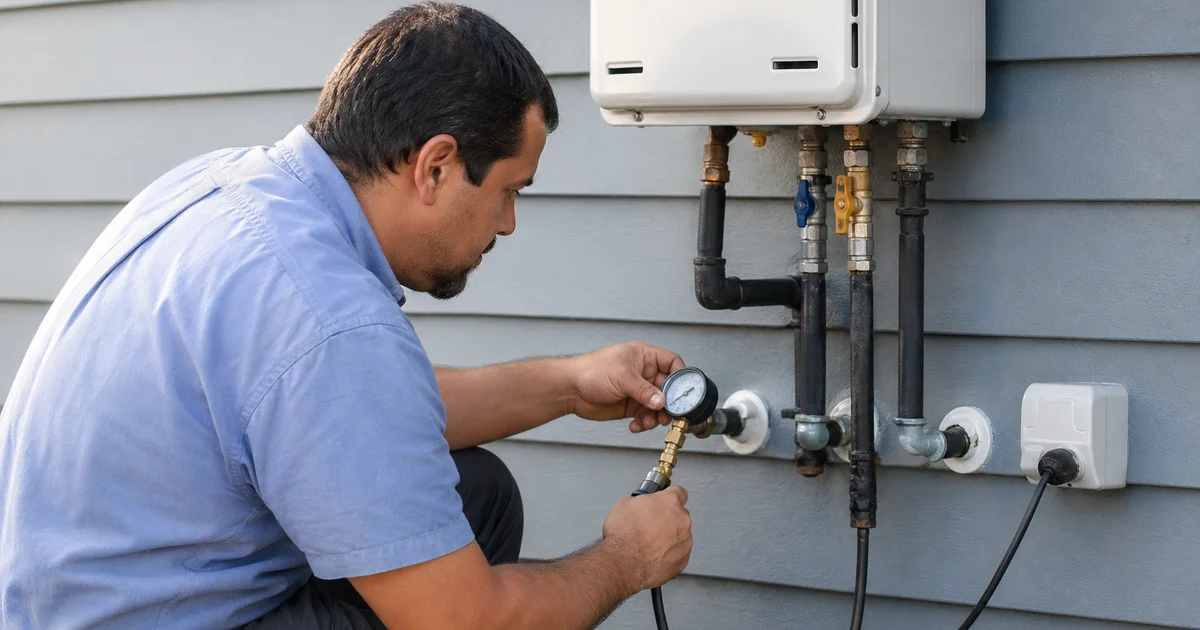 Plumber inspecting gas line at tankless install location