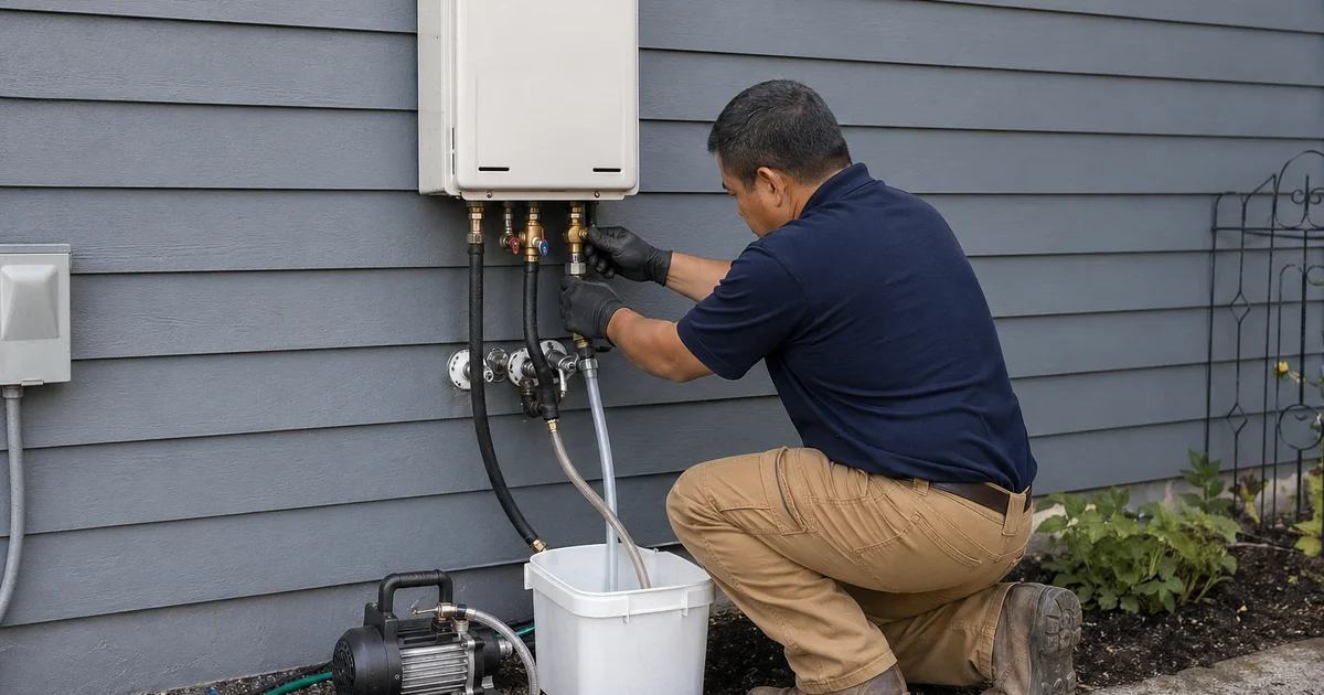 Plumber performing tankless flush with pump