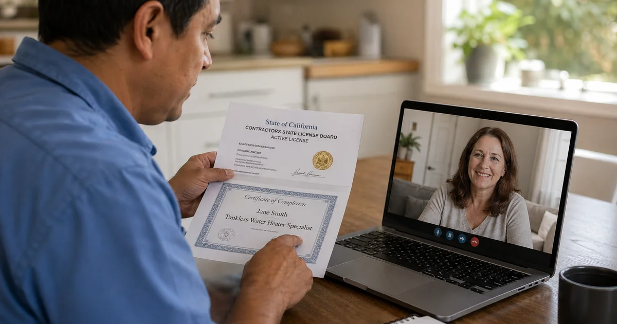 Plumber sharing certifications during virtual estimate