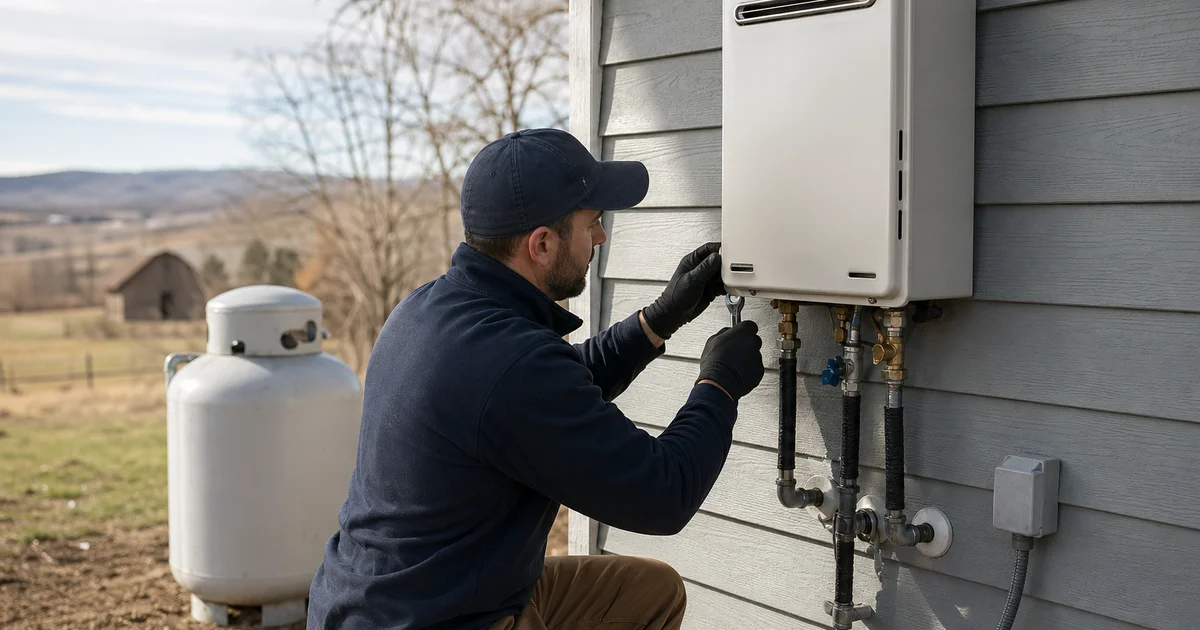 Rural home propane tank with tankless install