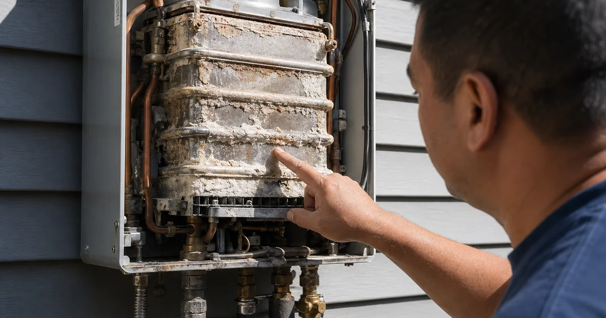 Heat exchanger with visible calcium scale buildup