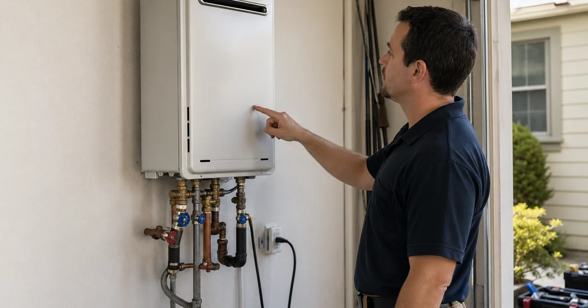 Technician inspecting wall-mounted tankless water heater
