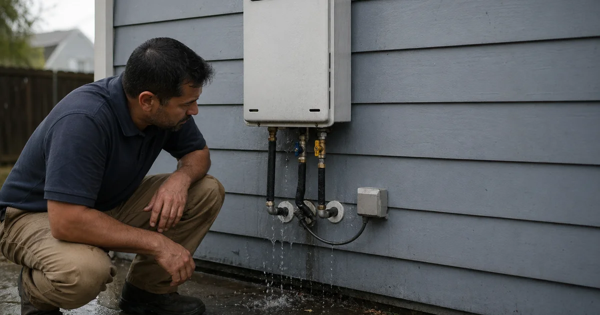 Water visible at base of leaking tankless water heater